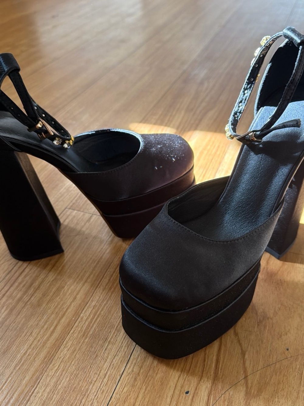 Black Platform Ankle-Strap Satin Heels with Chunky Block Heel